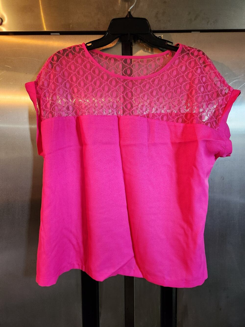 Shein Curve Hot Pink Lace Yoke Short Sleeve Top Size 1XL